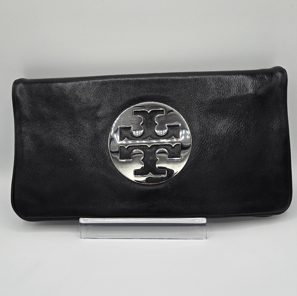 Tory Burch black leather Reva clutch bag like new! EUC! Silver tone hardware. - Picture 9 of 10